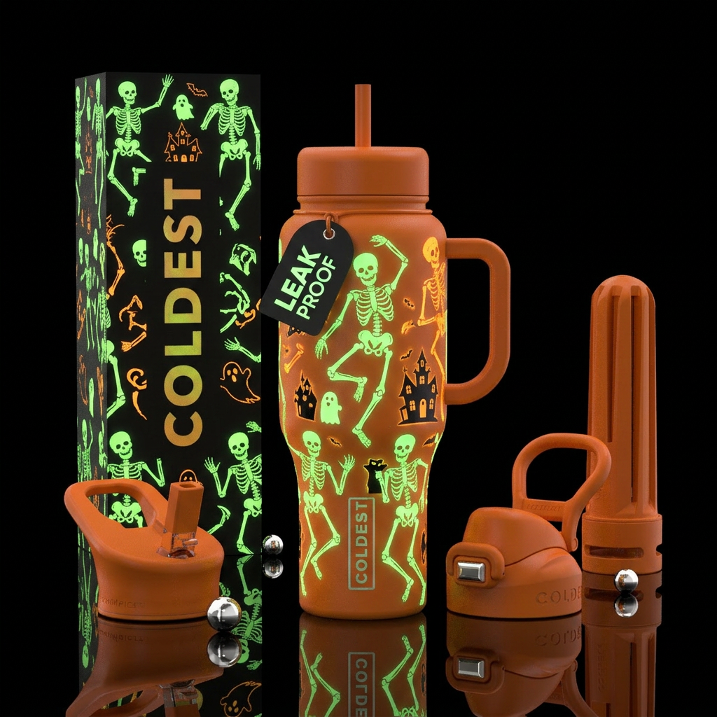 glowie Halloween, scary,  skeletons, haunted water bottle design
