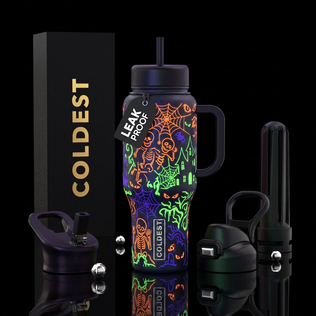 glowie Halloween, scary,  skeletons, haunted water bottle design