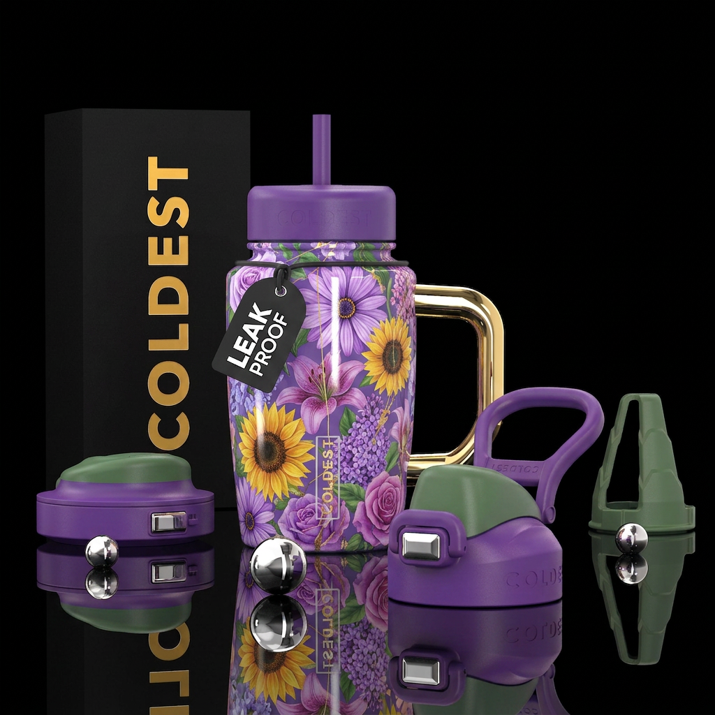 Purple daisies, sunflowers, Lilies, lilacs, and ro... water bottle design