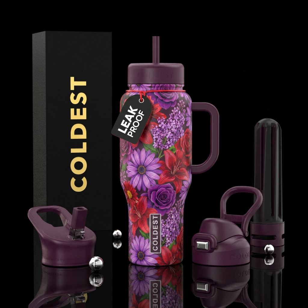 Purple and red daisies, lilies, lilacs, roses, inb... water bottle design