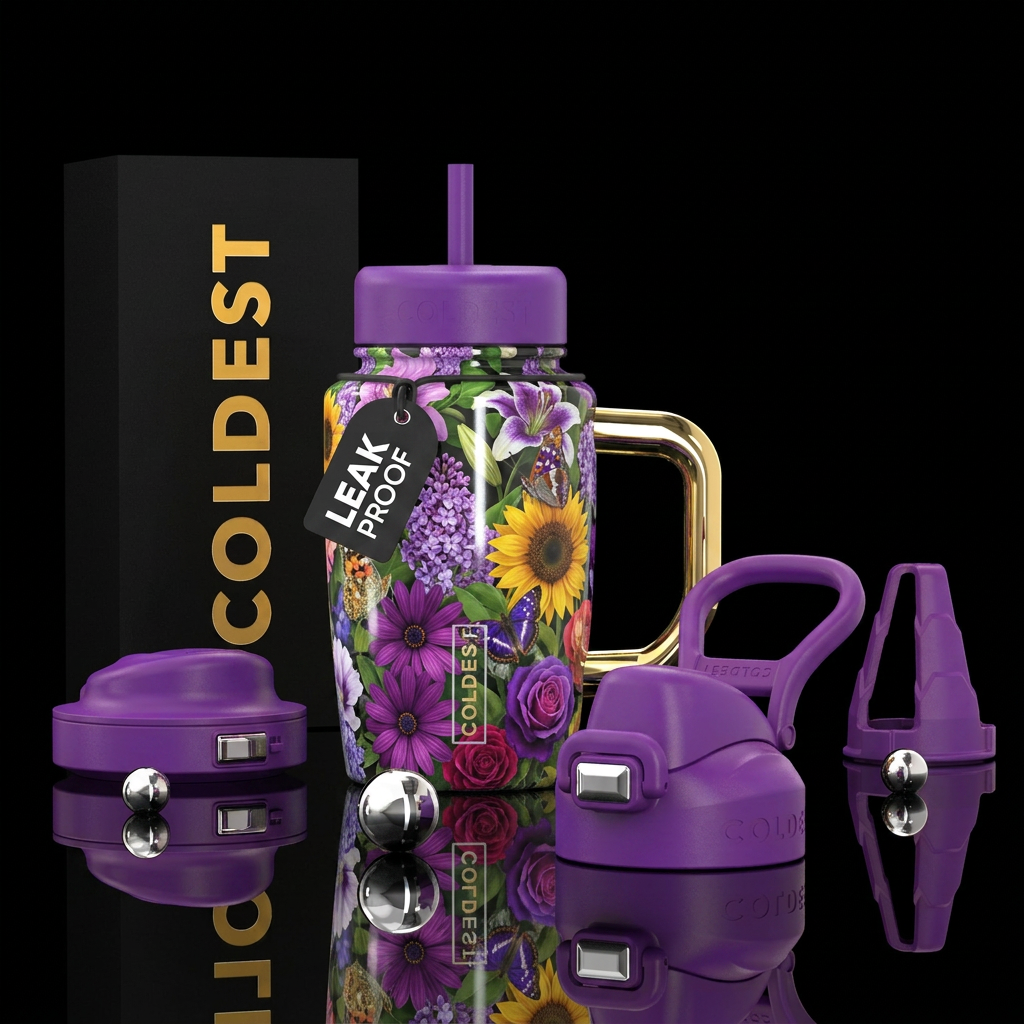 Purple daisies, sunflowers, lilies, lilacs, roses,... water bottle design