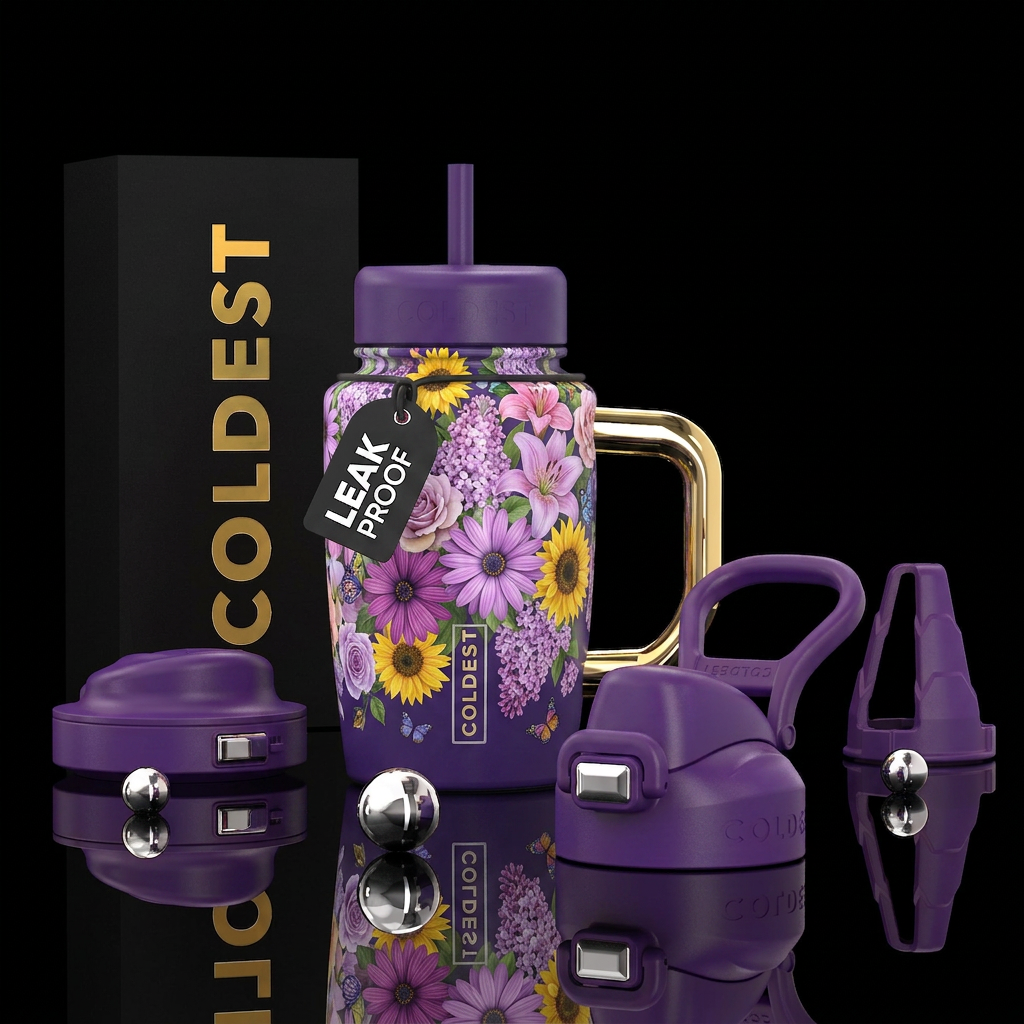 Purple daisies, sunflowers, lilies, lilacs, roses,... water bottle design