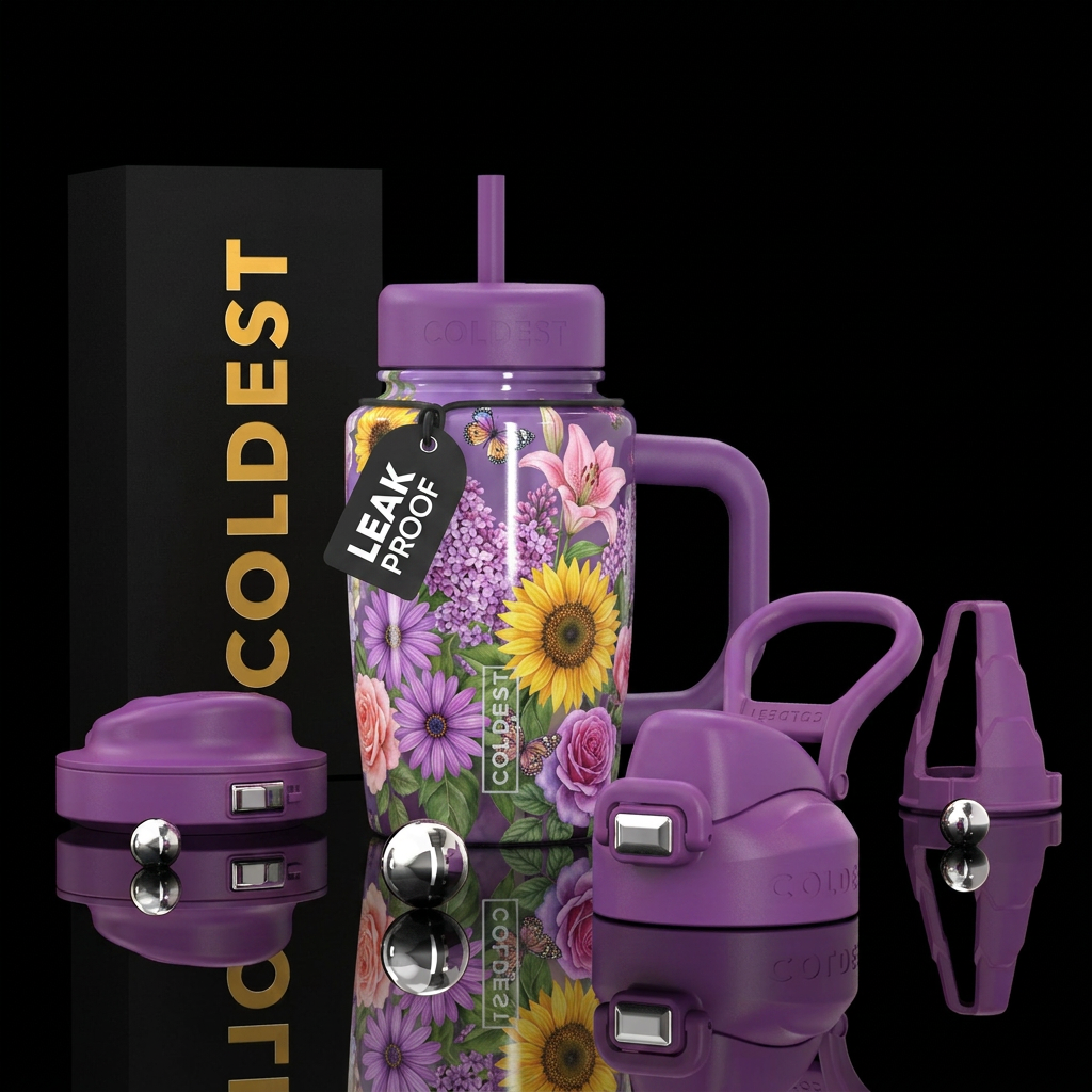 Purple daisies, sunflowers, lilies, lilacs, roses,... water bottle design