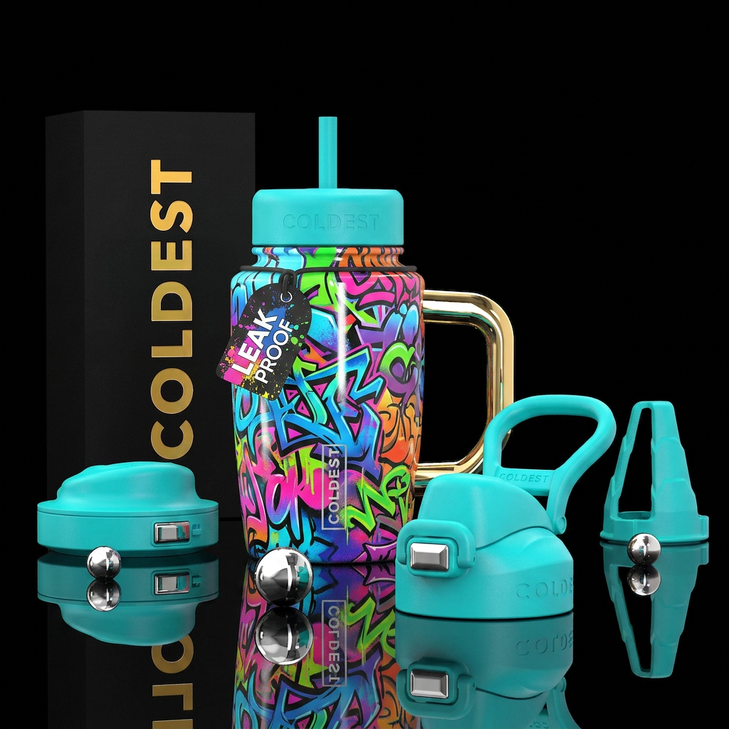 Modern graffiti art, vibrant, spray painted water bottle design