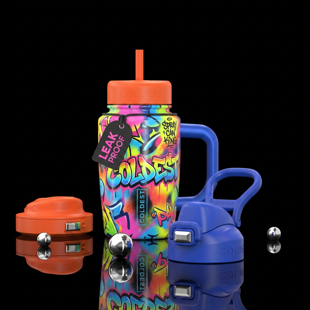 Modern graffiti art, vibrant, spray painted water bottle design