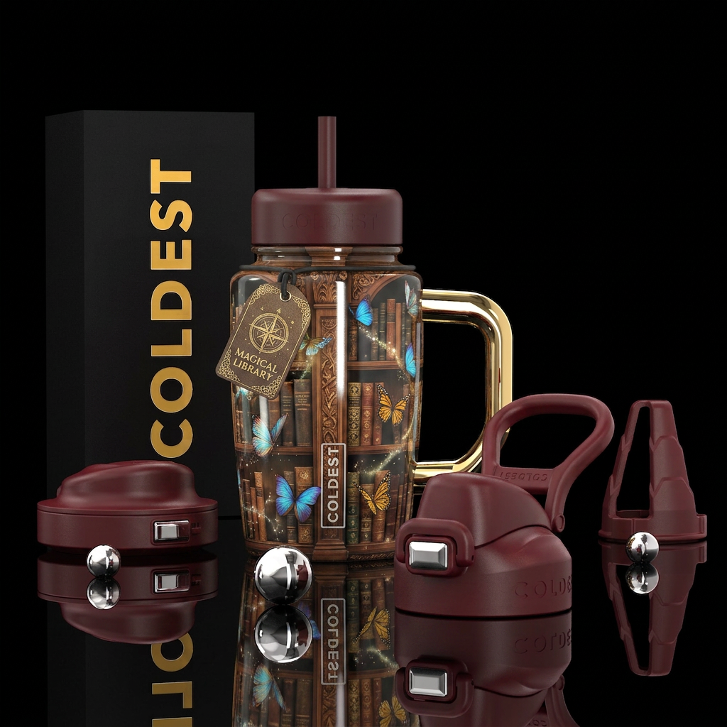 Magical, library Fantasy, books, butterflies water bottle design