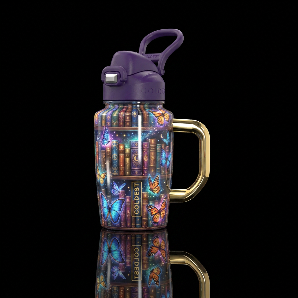 Magical, library Fantasy, books, butterflies water bottle design