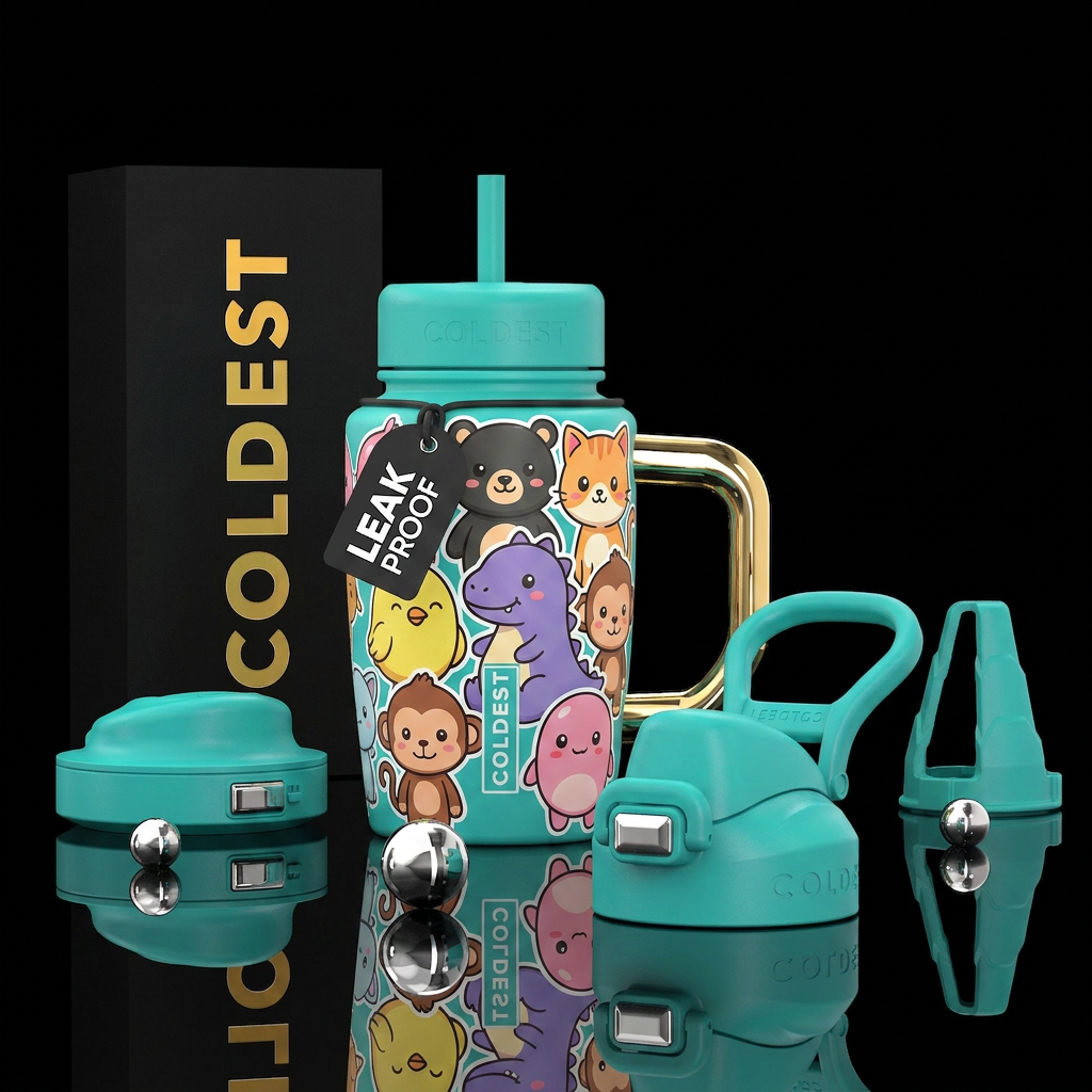 happy mood, cartoon, cute, stylistic, vibrant water bottle design