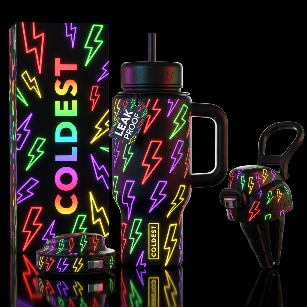 Neon red, neon green,neon purple, neon yellow ligh... water bottle design