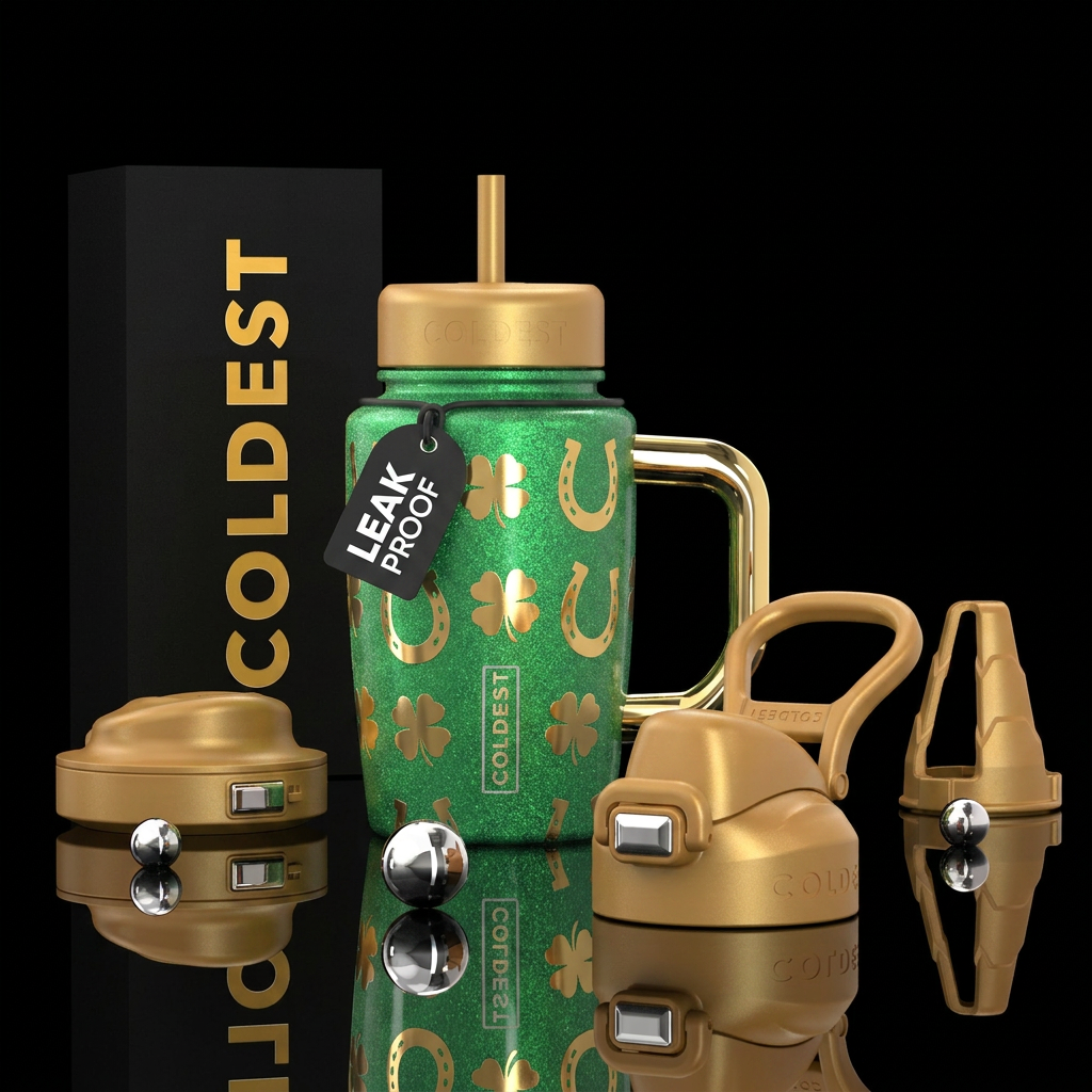 Sparkly green background with shiny gold horse sho... water bottle design