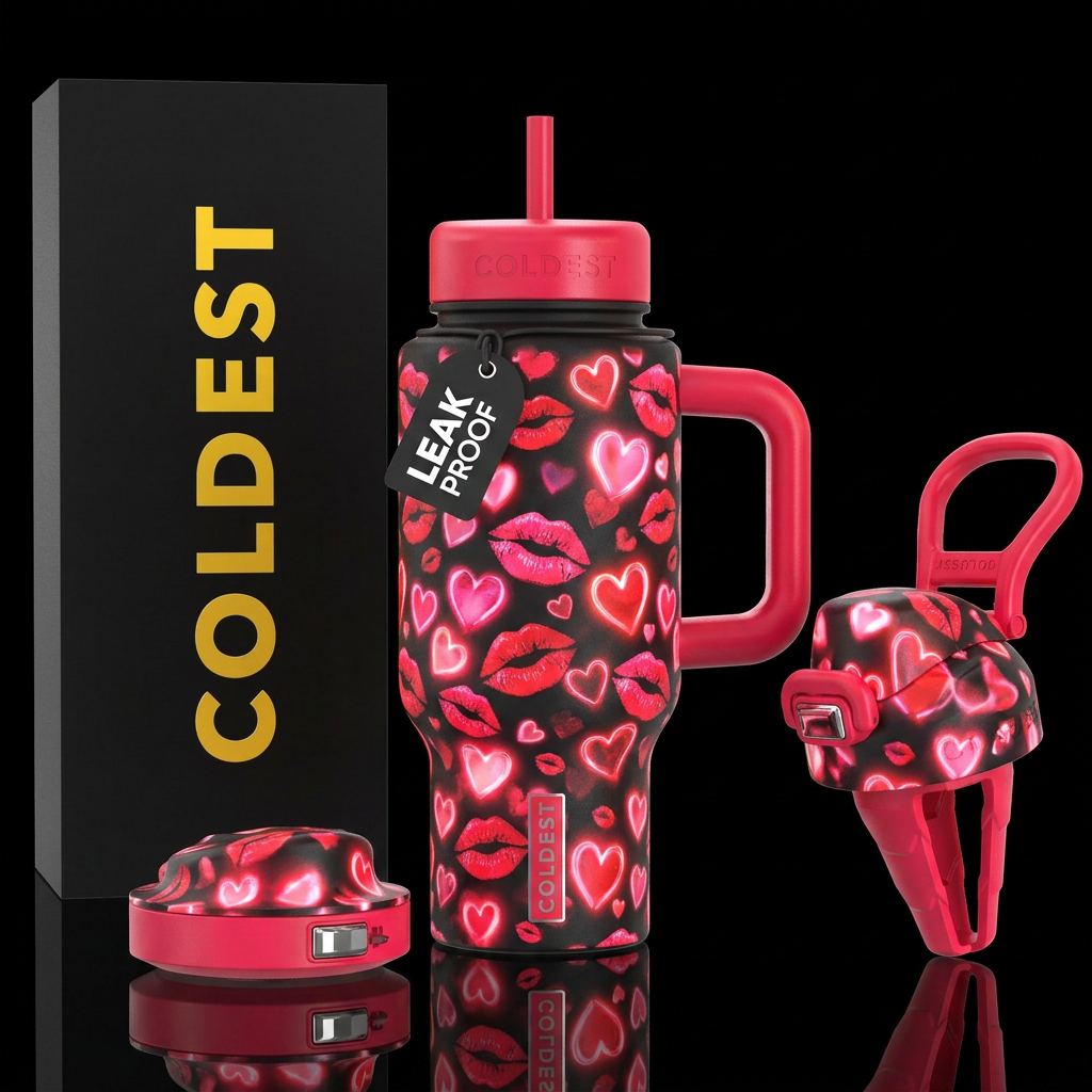 Red and pink intermingled with glowie hearts and l... water bottle design