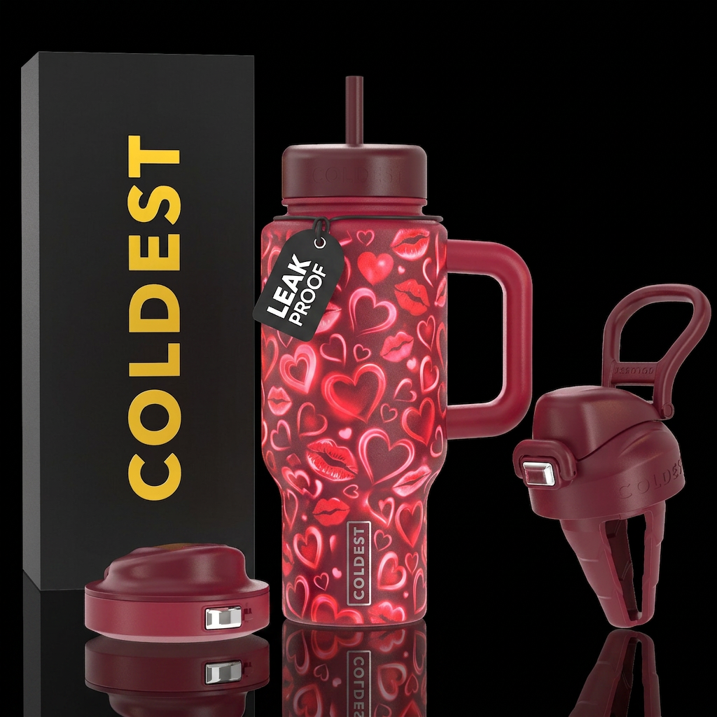 Red and pink intermingled with glowie hearts and l... water bottle design