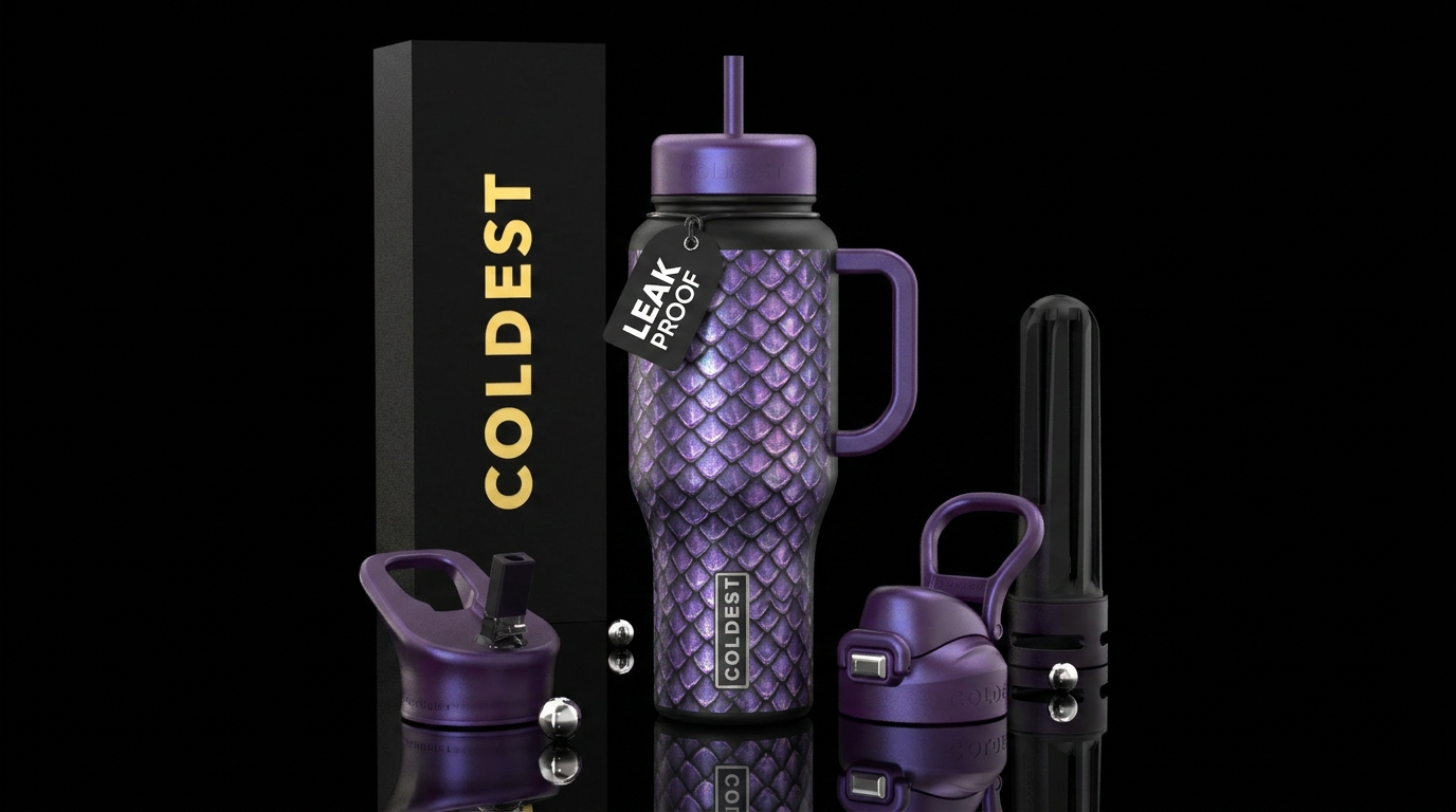 Black background with shiny purple dragon scales water bottle design
