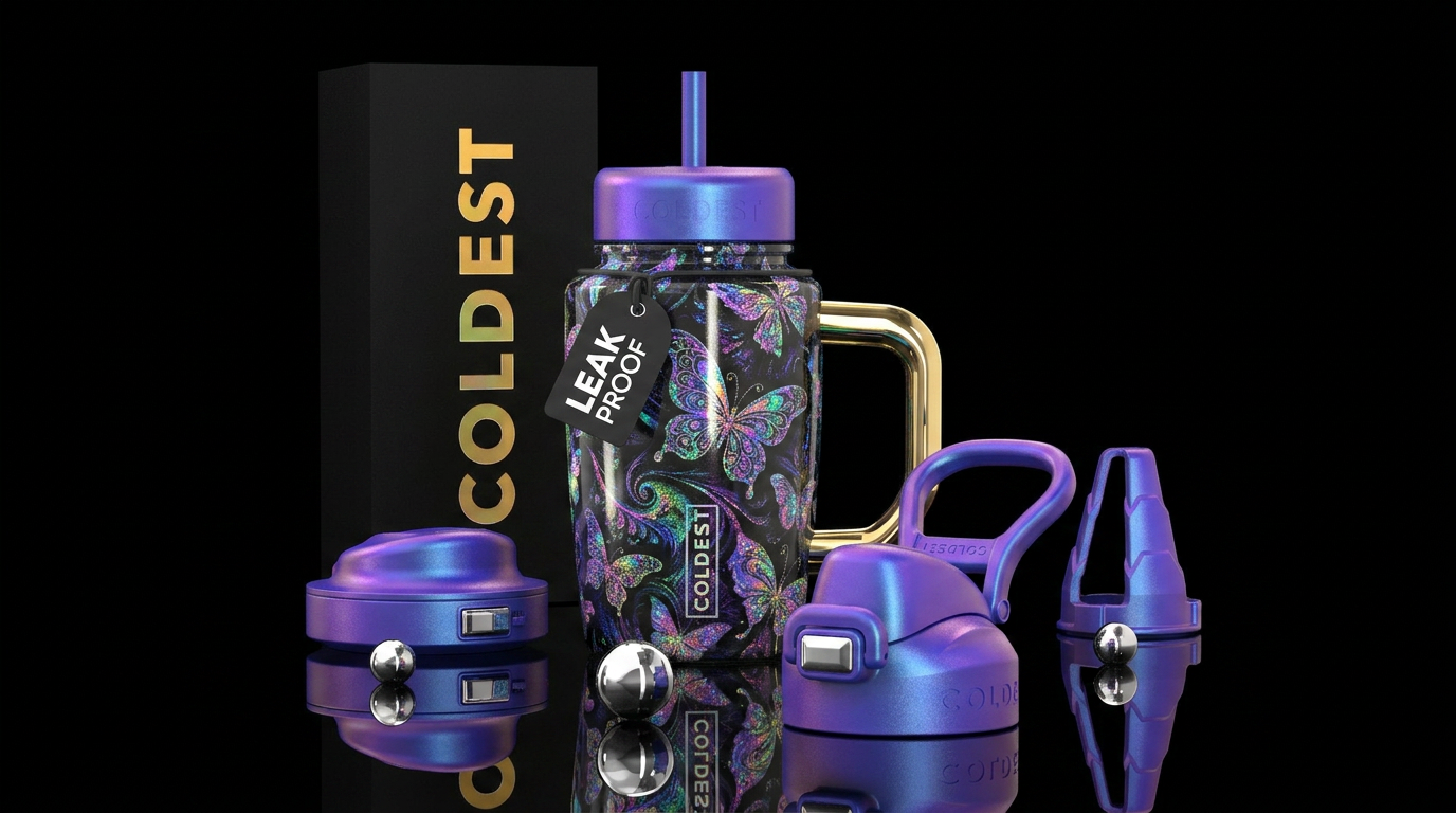 Blackground colorful holographic, swirls, butterfl... water bottle design