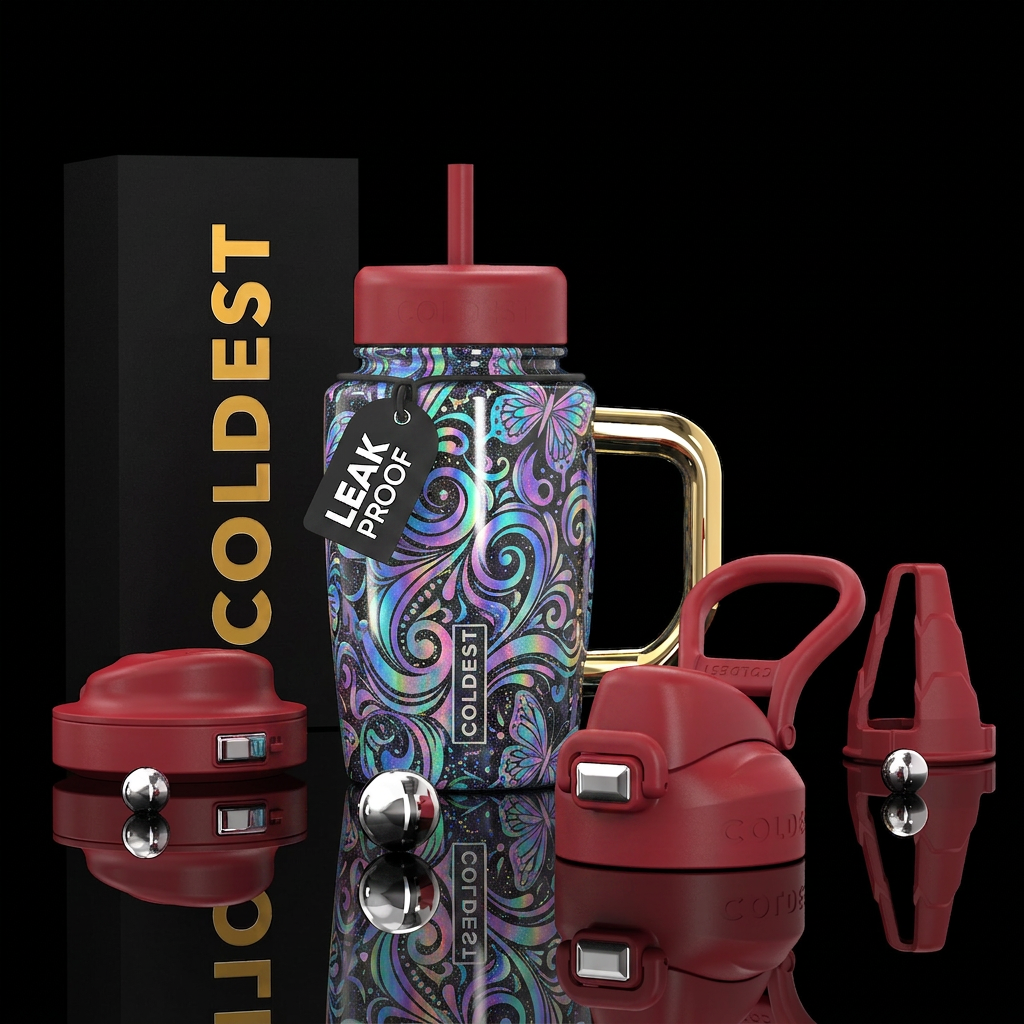 Blackground colorful holographic, swirls, butterfl... water bottle design