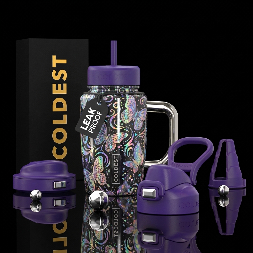 Blackground colorful holographic, swirls, butterfl... water bottle design