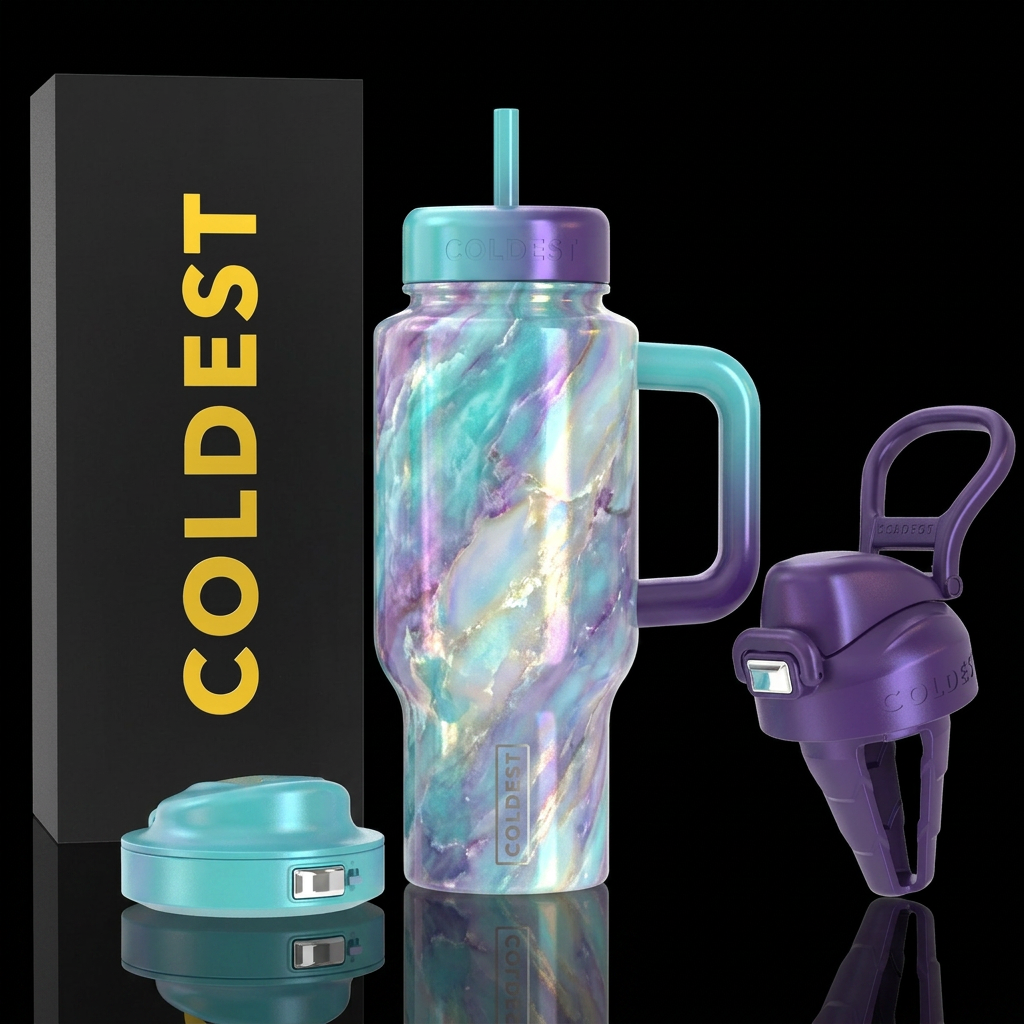 irridescent, marble, turquoise,amethyst,opal water bottle design