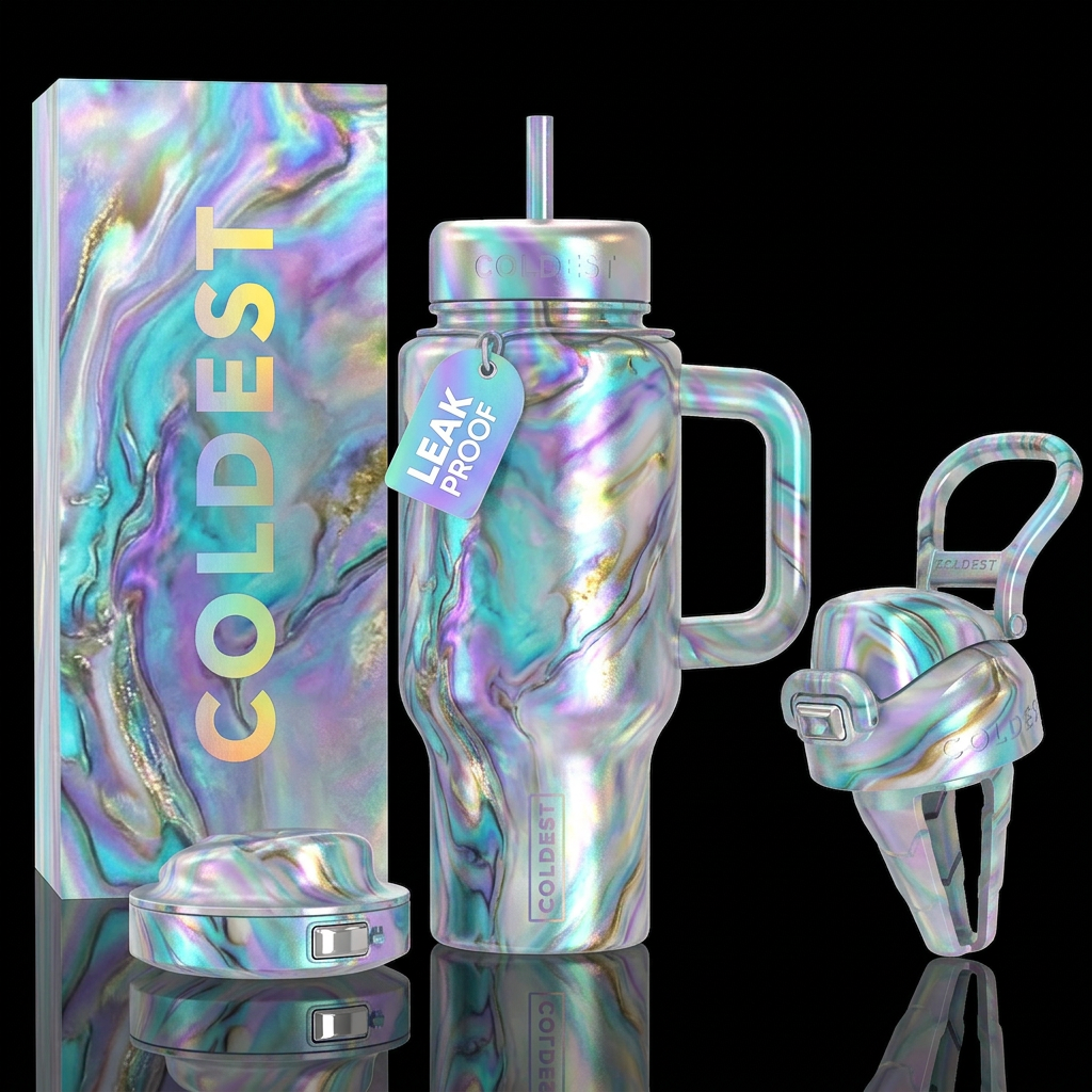 irridescent, marble, turquoise,amethyst,opal water bottle design