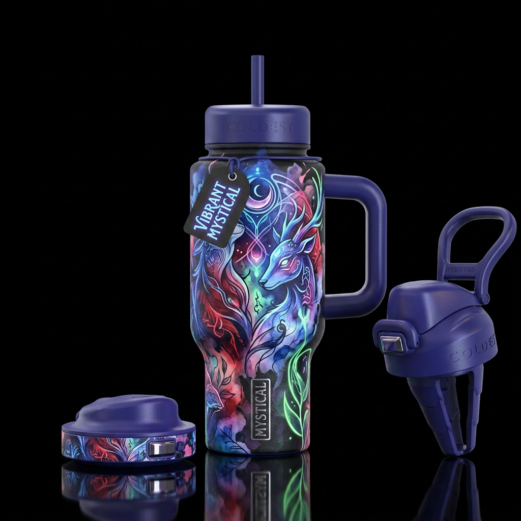 tattoo style, glowie, beautiul, stylistic, vibrant... water bottle design