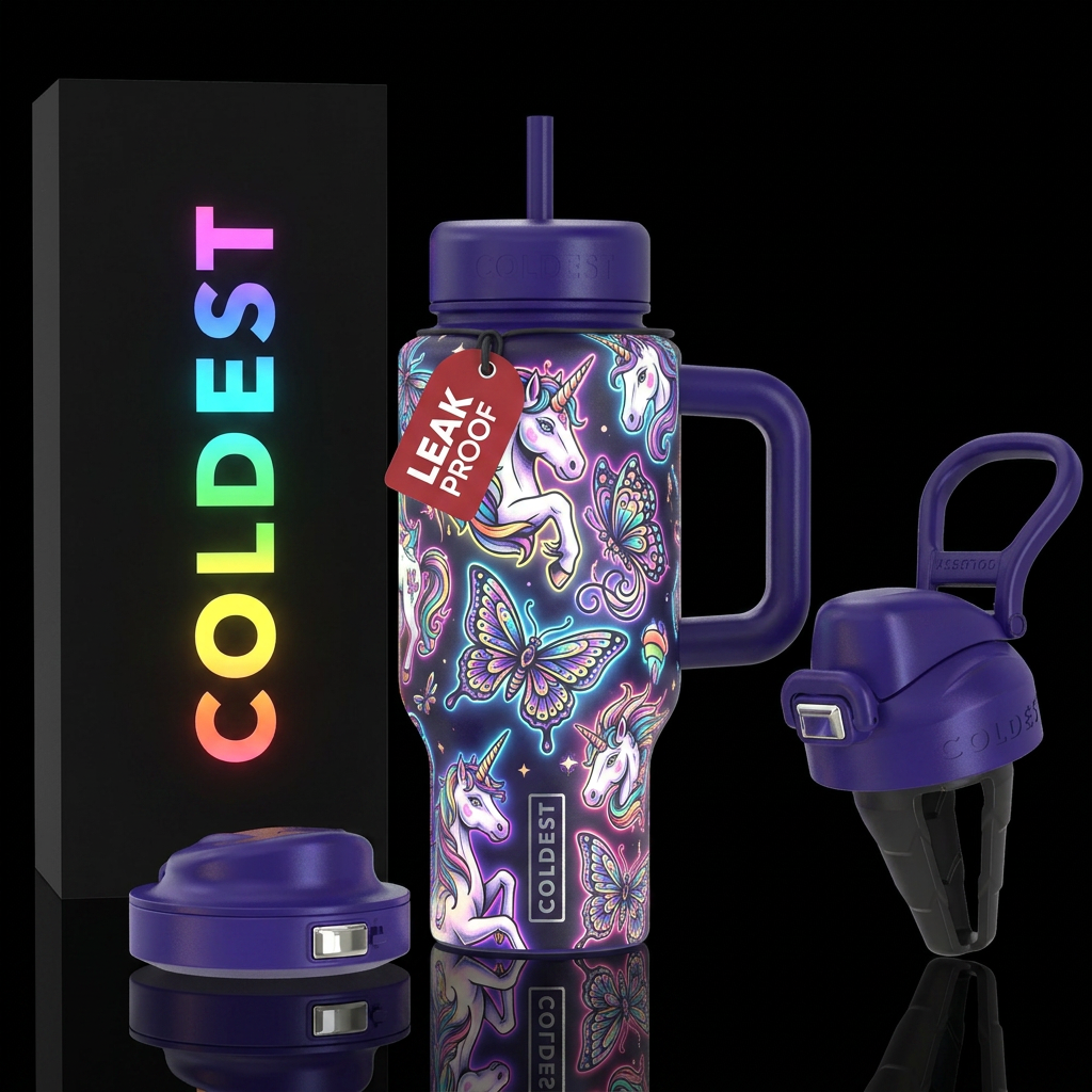 Tattoo style Unicorns, Butterflies,, vibrant, whim... water bottle design