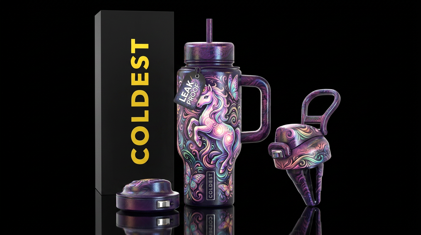 Tattoo style Unicorns, Butterflies,, vibrant, whim... water bottle design
