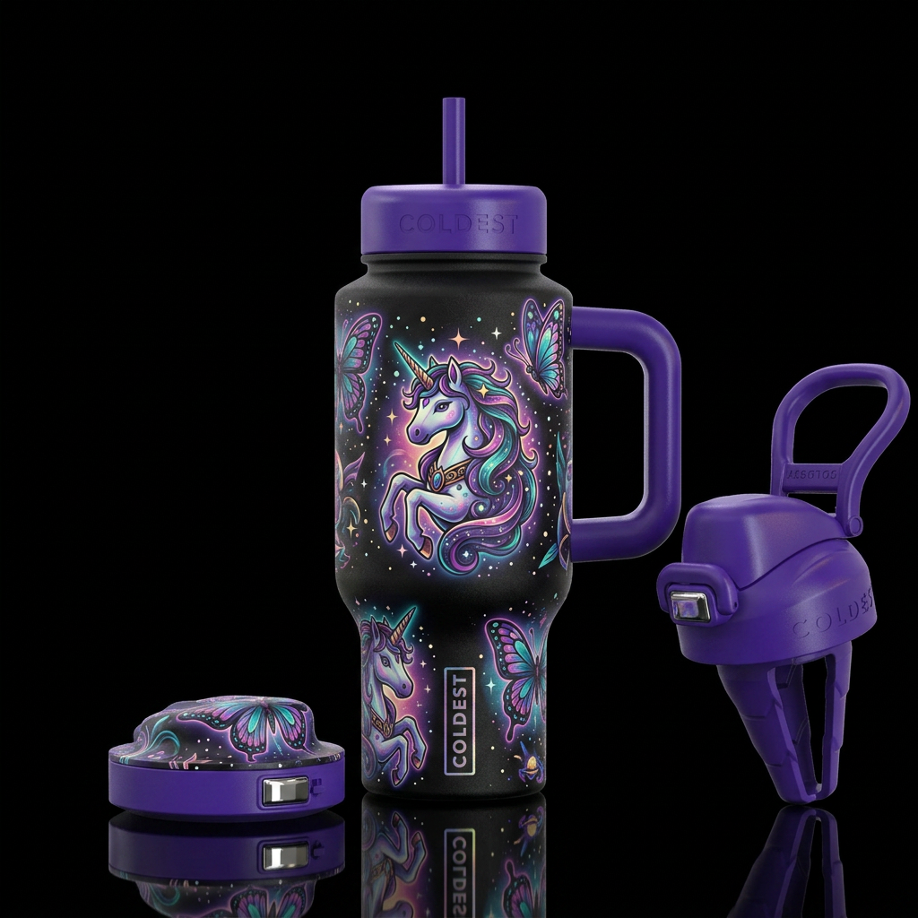 Tattoo style Unicorns, Butterflies,, vibrant, whim... water bottle design