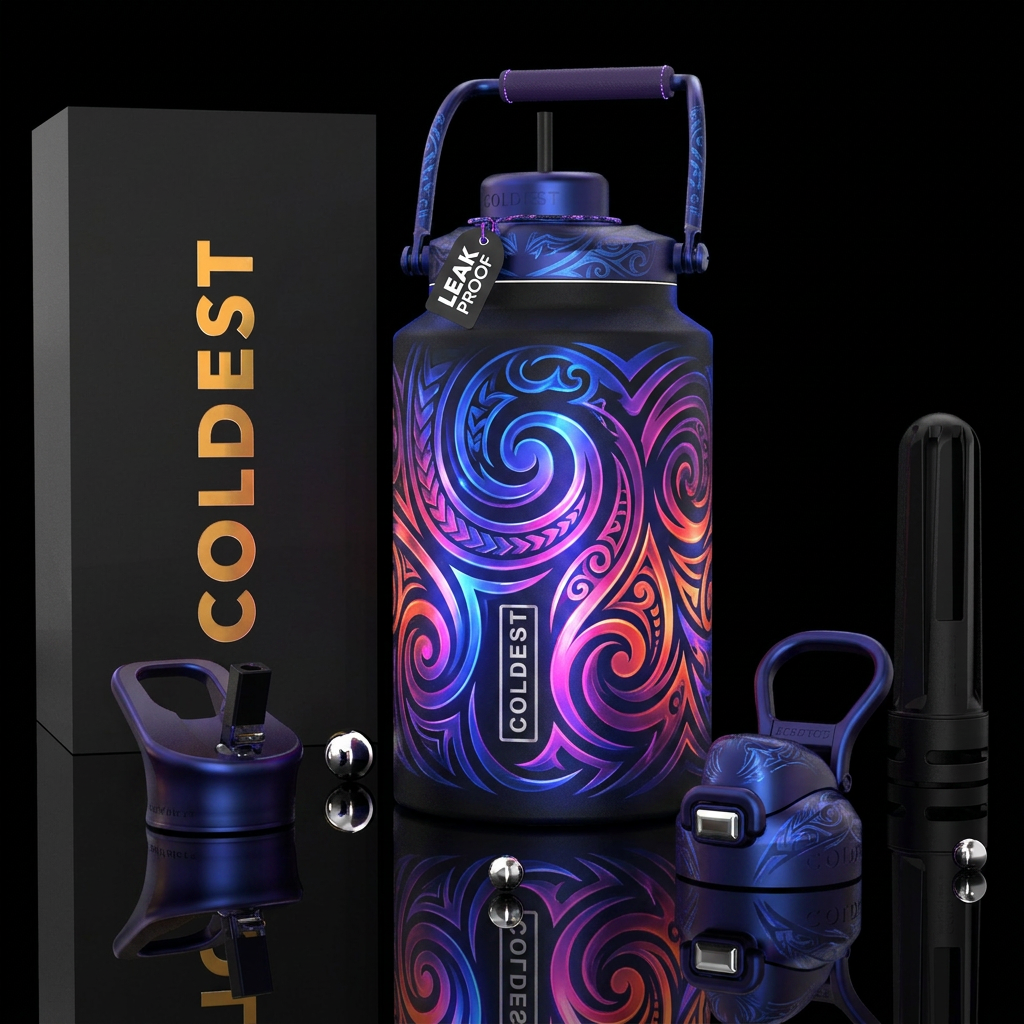 Tattoo style,inbued,tribal swirls,glowie,, shiny, ... water bottle design