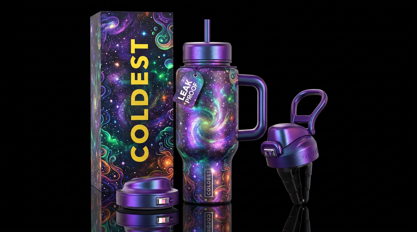 celestial, glowie, whimsical, stylistic, psychedel... water bottle design