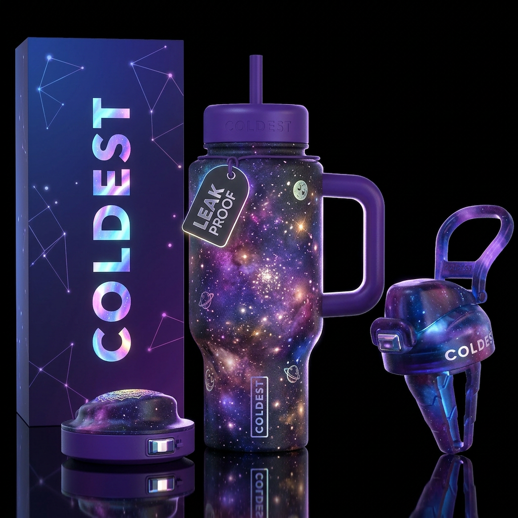 celestial, glowie, whimsical, stylistic, psychedel... water bottle design