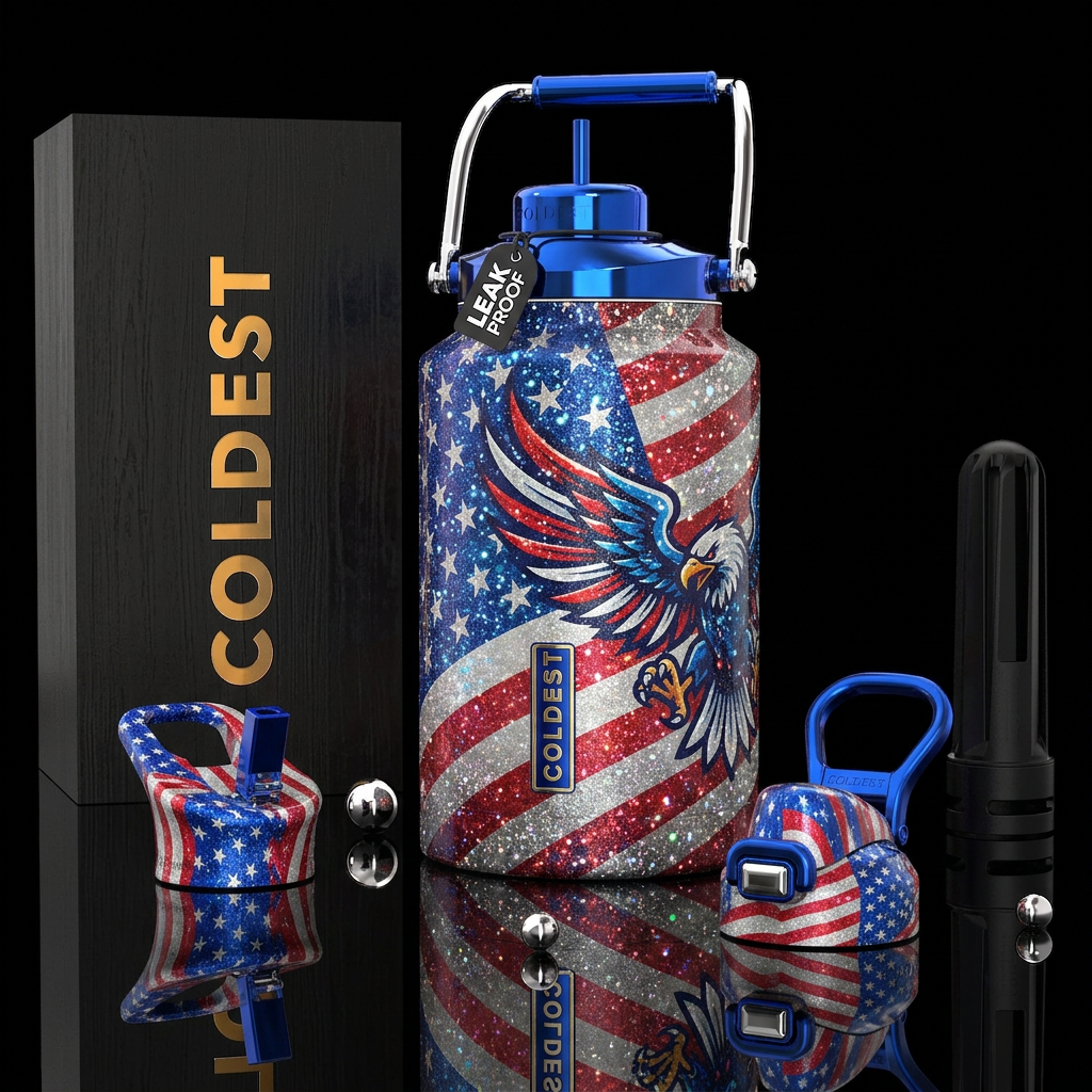 patriotic, sparkly, shiny, glowie, stylistic, fier... water bottle design