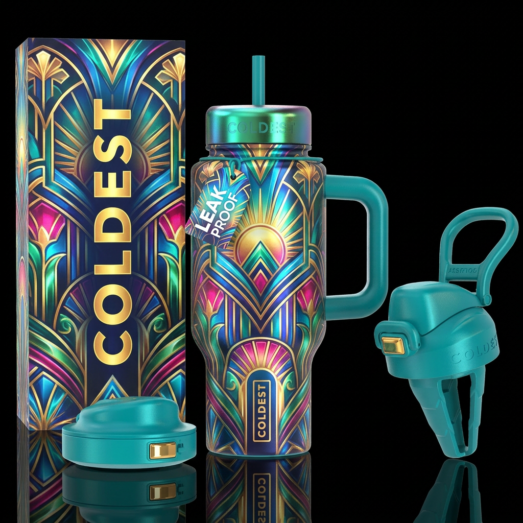art deco era, vibrant, beautiul, glowie, artistic,... water bottle design