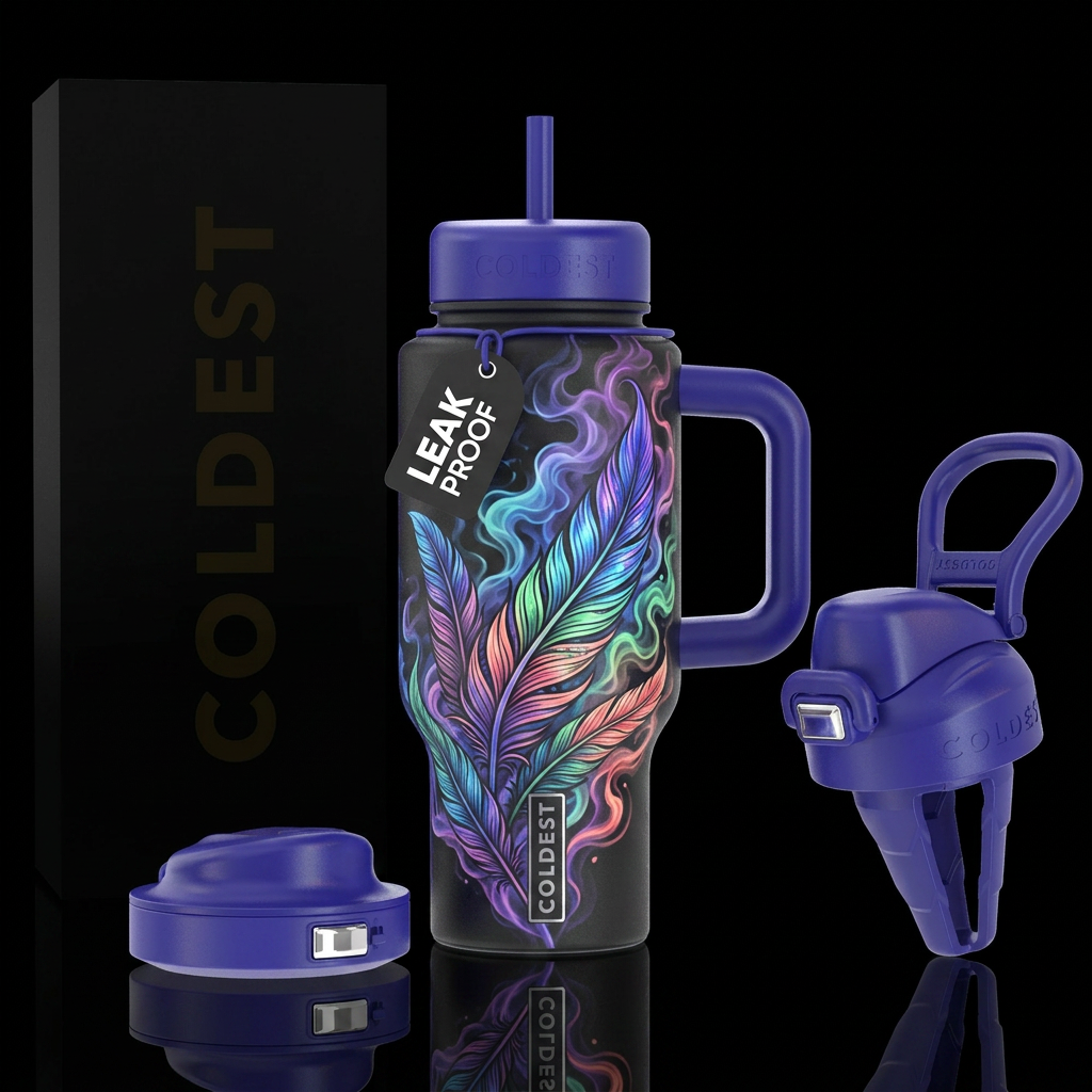 feathers, beautiul, inbued,tattoo style,, smoke, v... water bottle design