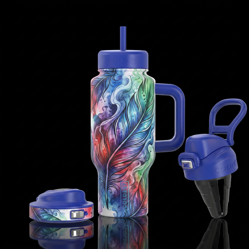 feathers, beautiul, inbued,tattoo style,, smoke, v... water bottle design