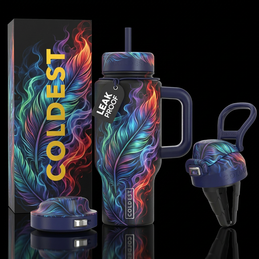 feathers, beautiul, inbued,tattoo style,, smoke, v... water bottle design