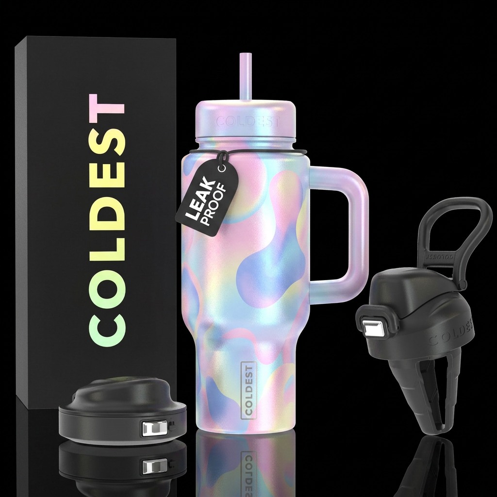 happy mood, whimsical, vibrant, modern, irridescen... water bottle design