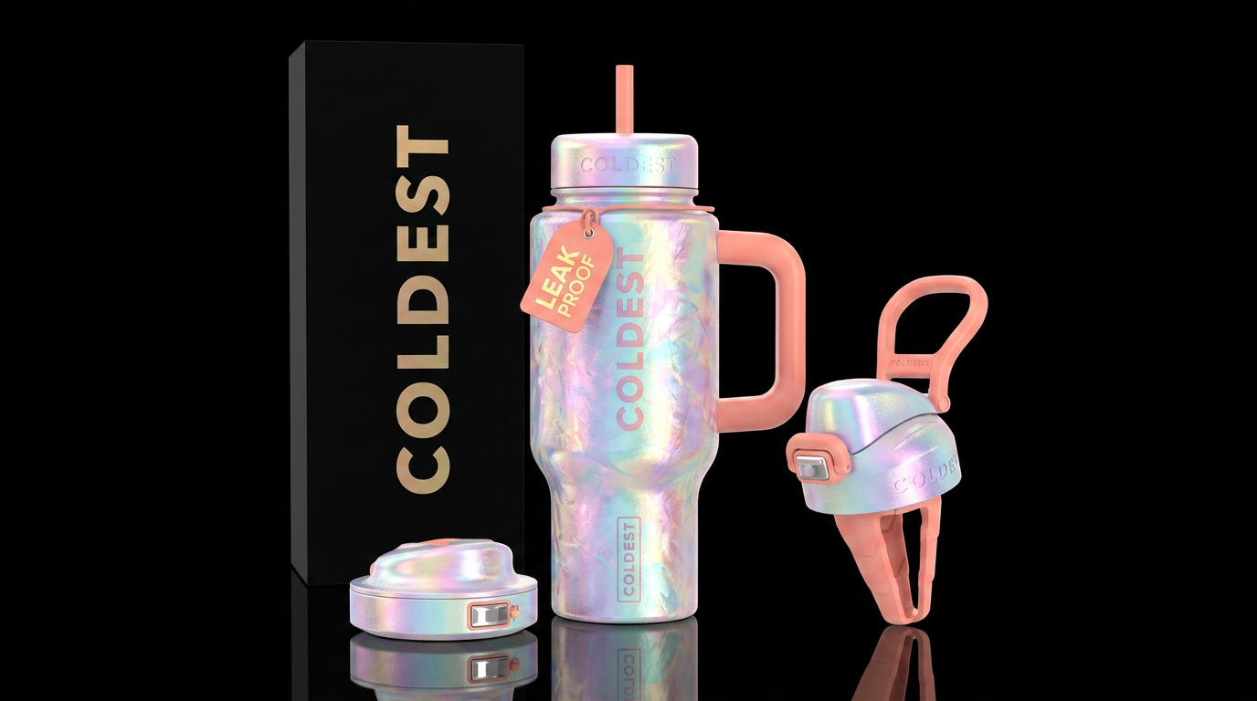 happy mood, whimsical, vibrant, modern, irridescen... water bottle design