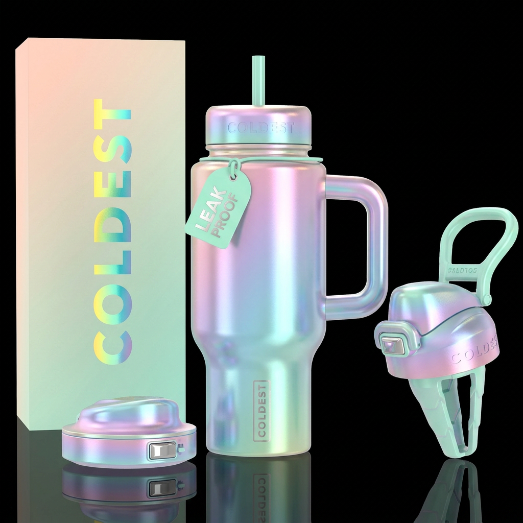 happy mood, whimsical, vibrant, modern, irridescen... water bottle design