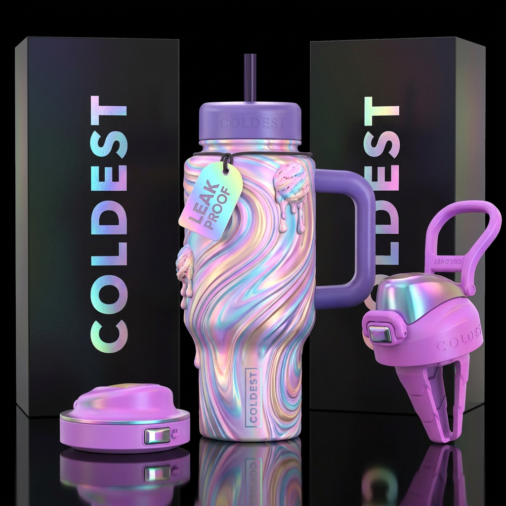 irridescent, ice cream,inbued, dripping, stylistic... water bottle design