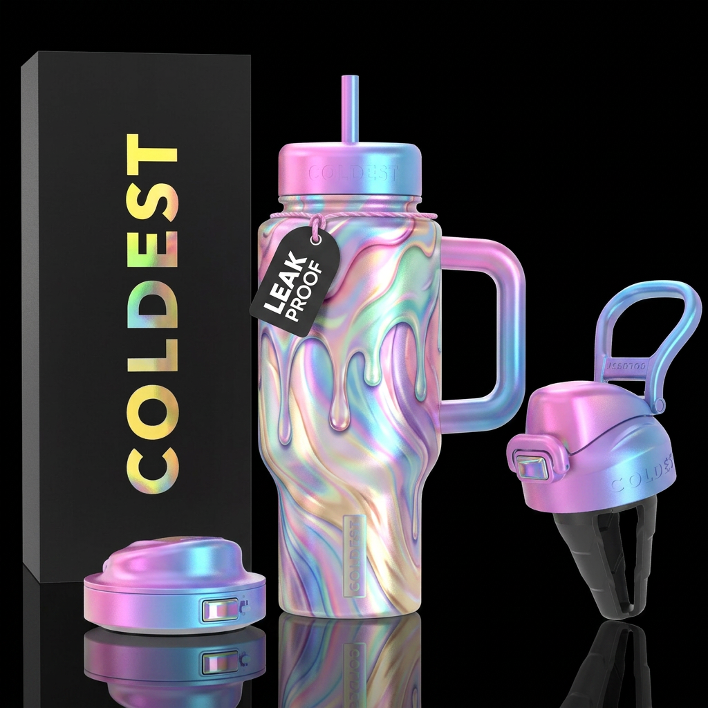 Ice cream,irridescent, stylistic, dripping, vibran... water bottle design