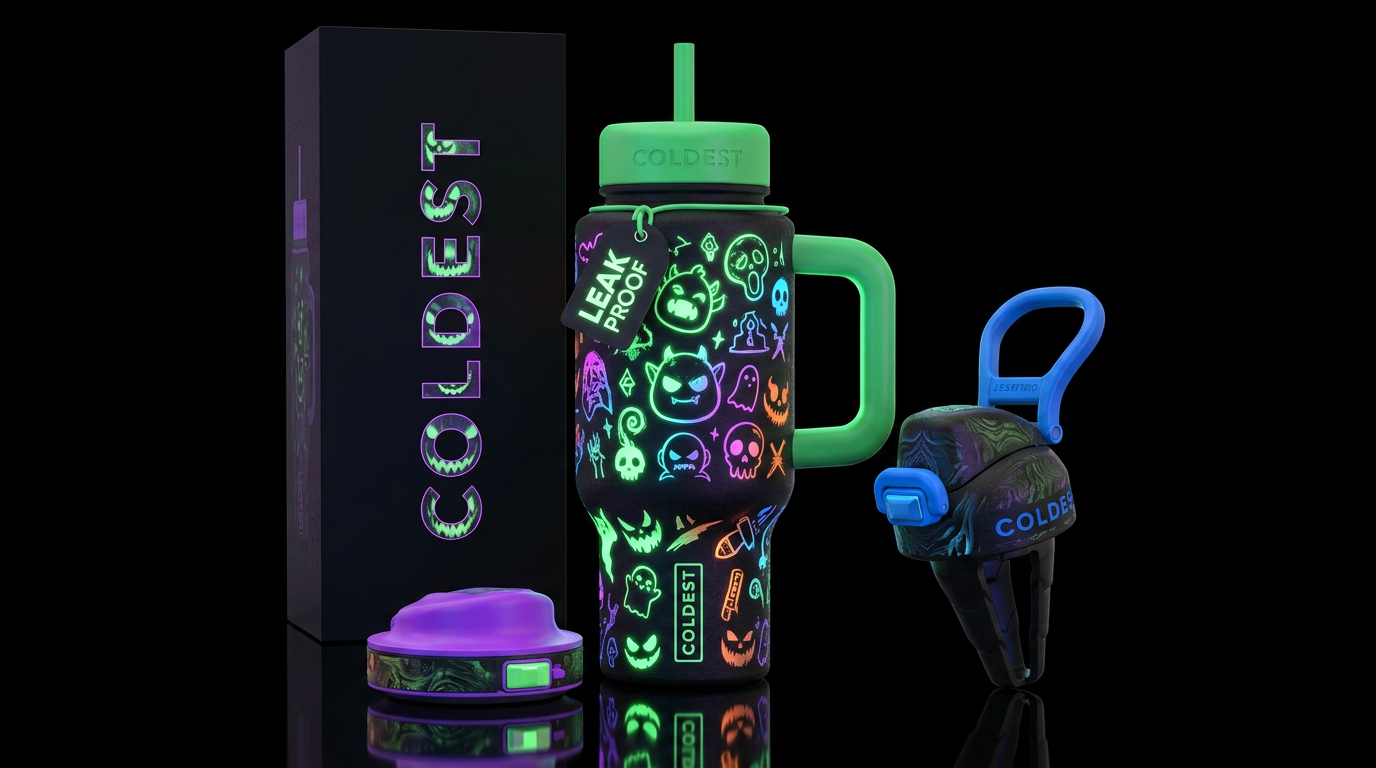 scary, funny, glowie, vibrant, inbued, haunted water bottle design