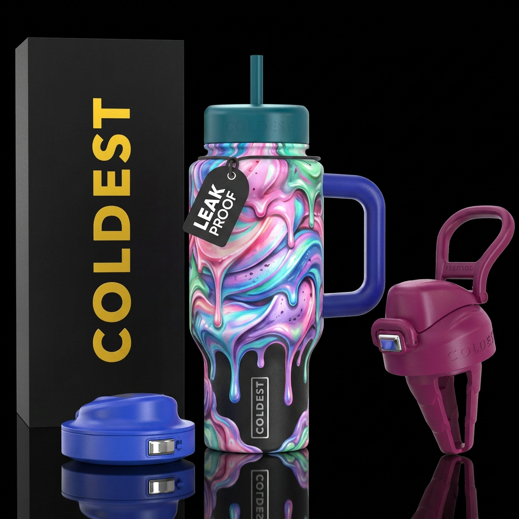 irridescent, ice cream,inbued, dripping, stylistic... water bottle design