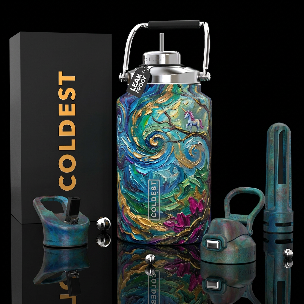 oil painted, inbued, rustic, vibrant, fantasy, bea... water bottle design