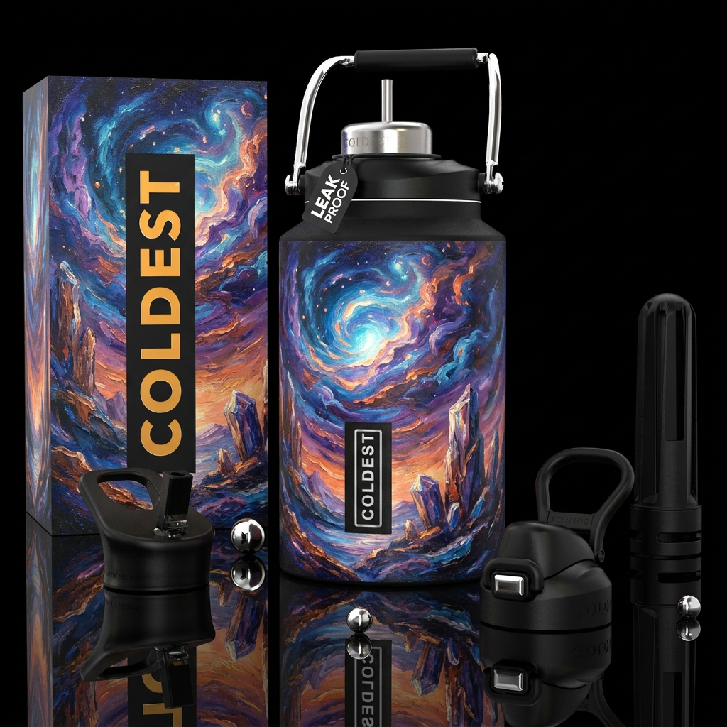 oil painted, inbued, rustic, vibrant, fantasy, bea... water bottle design
