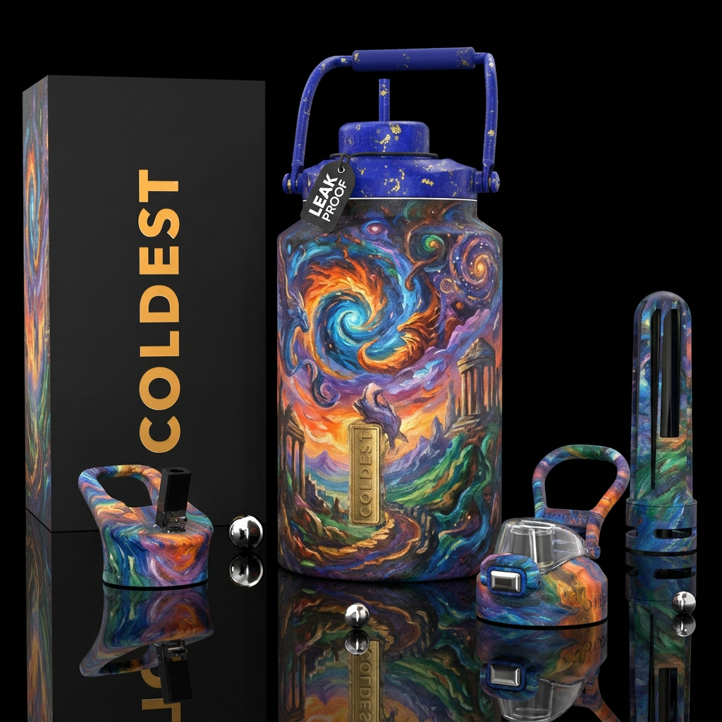 oil painted, inbued, rustic, vibrant, fantasy, bea... water bottle design