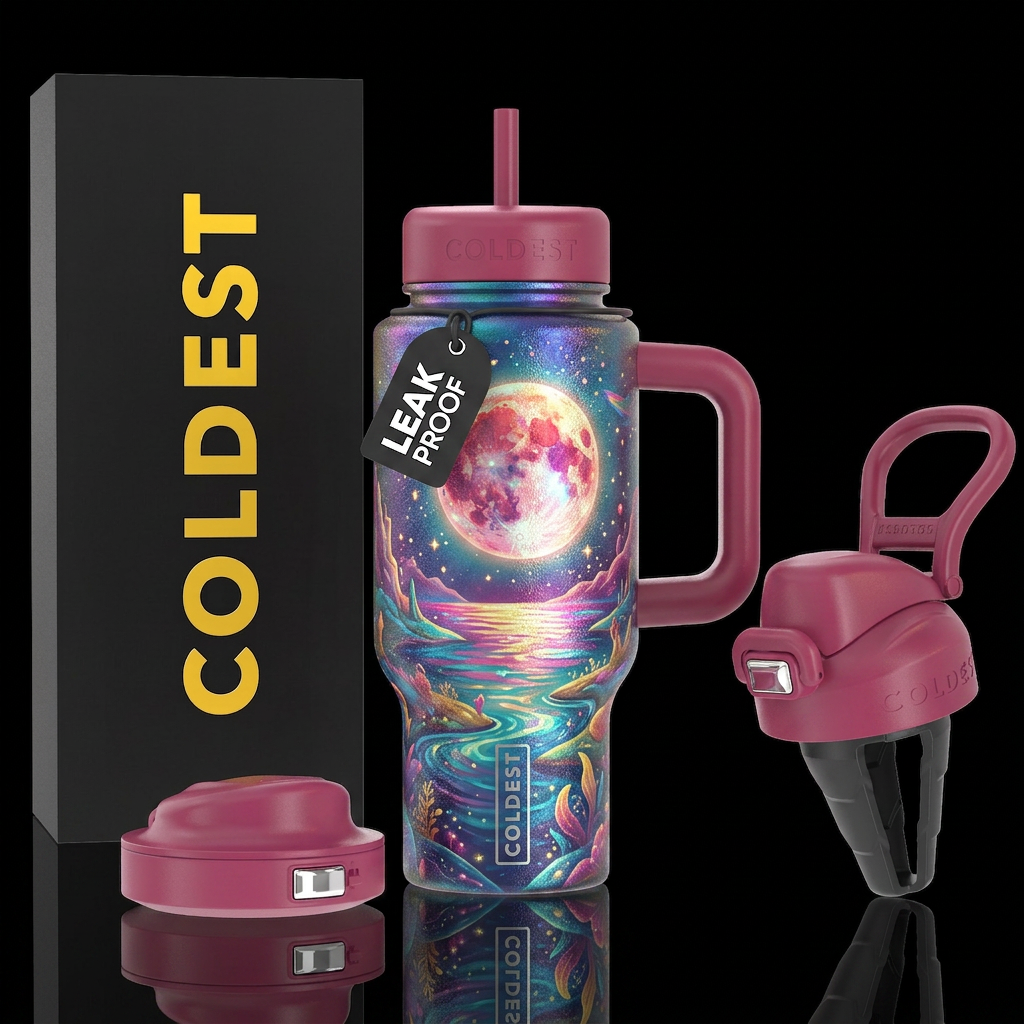 irridescent strawberry moon with magical colorful ... water bottle design