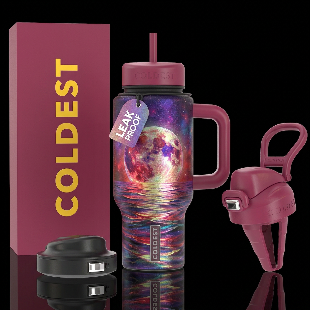 irridescent strawberry moon with magical colorful ... water bottle design