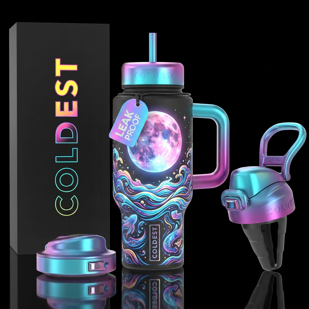 irridescent strawberry moon with magical colorful ... water bottle design