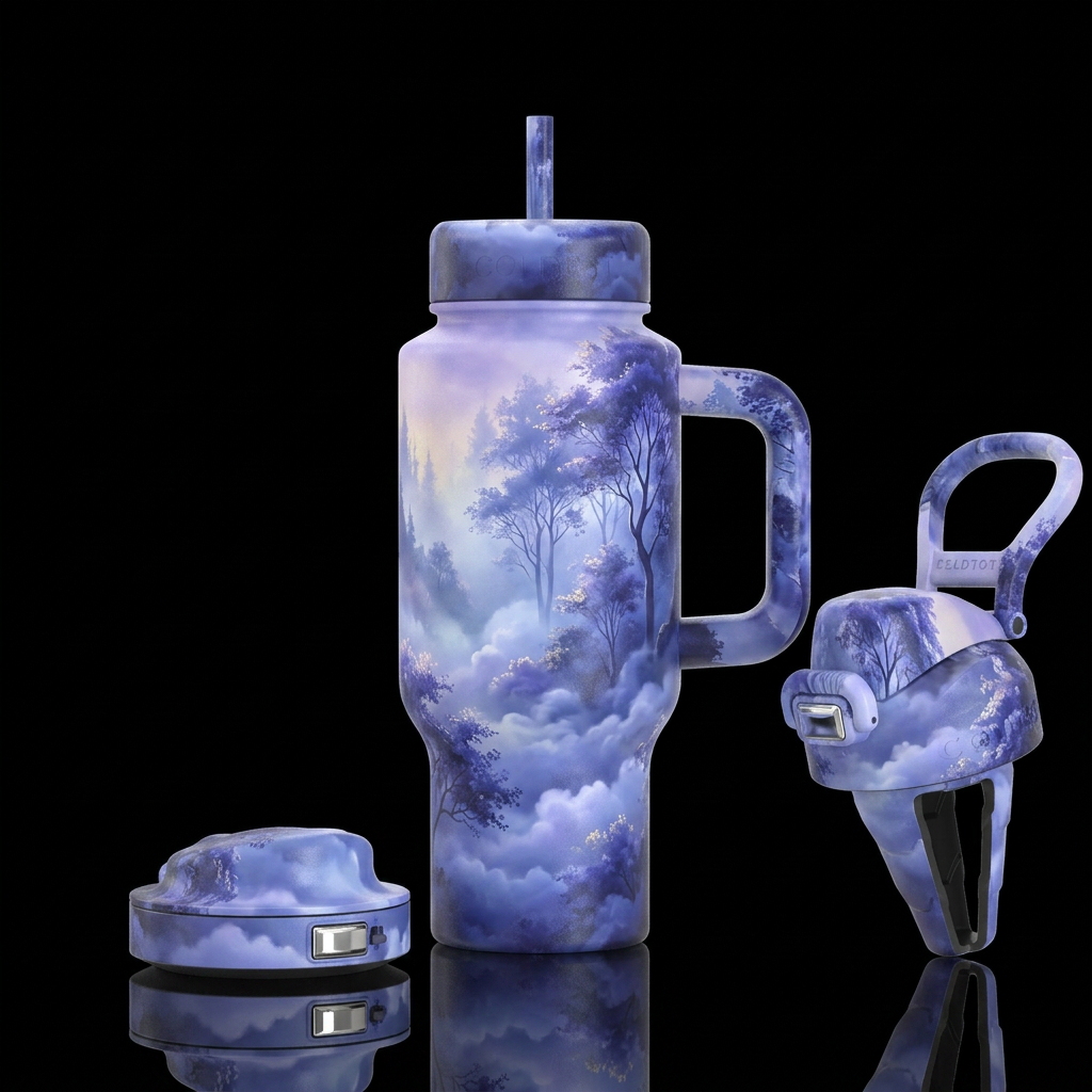 indigo, foggy morning, beautiul, trees, clouds, vi... water bottle design
