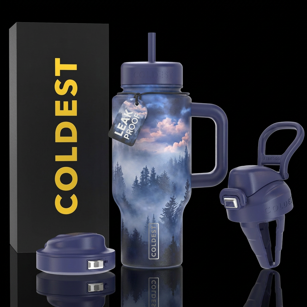 indigo, foggy morning, beautiul, trees, clouds, vi... water bottle design