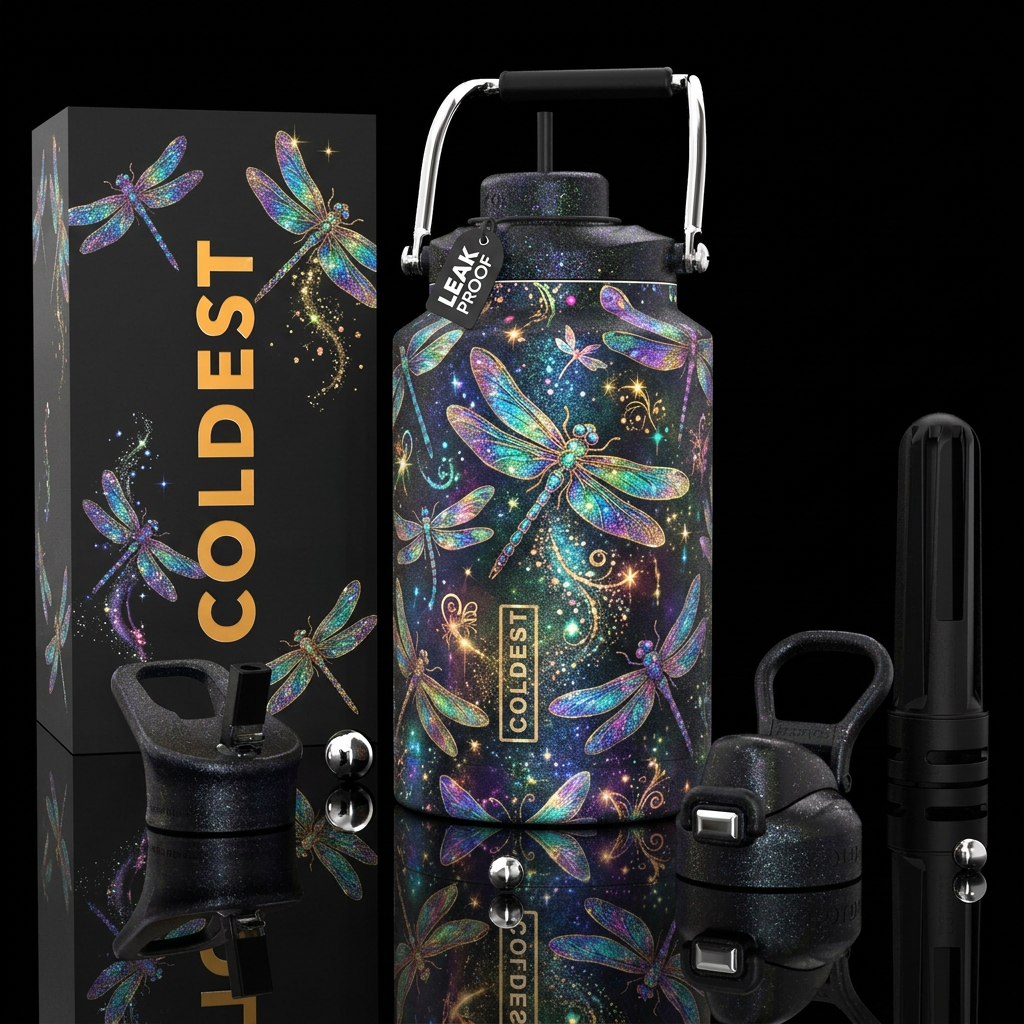 dragonfly, sparkly, magical, whimsical, stylistic,... water bottle design